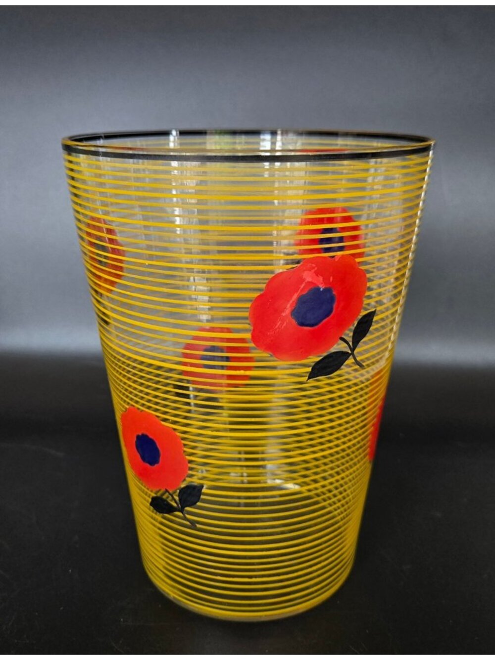 Glass Striped Vase With Vibrant Red Hand Painted Poppies Czech Bohemian